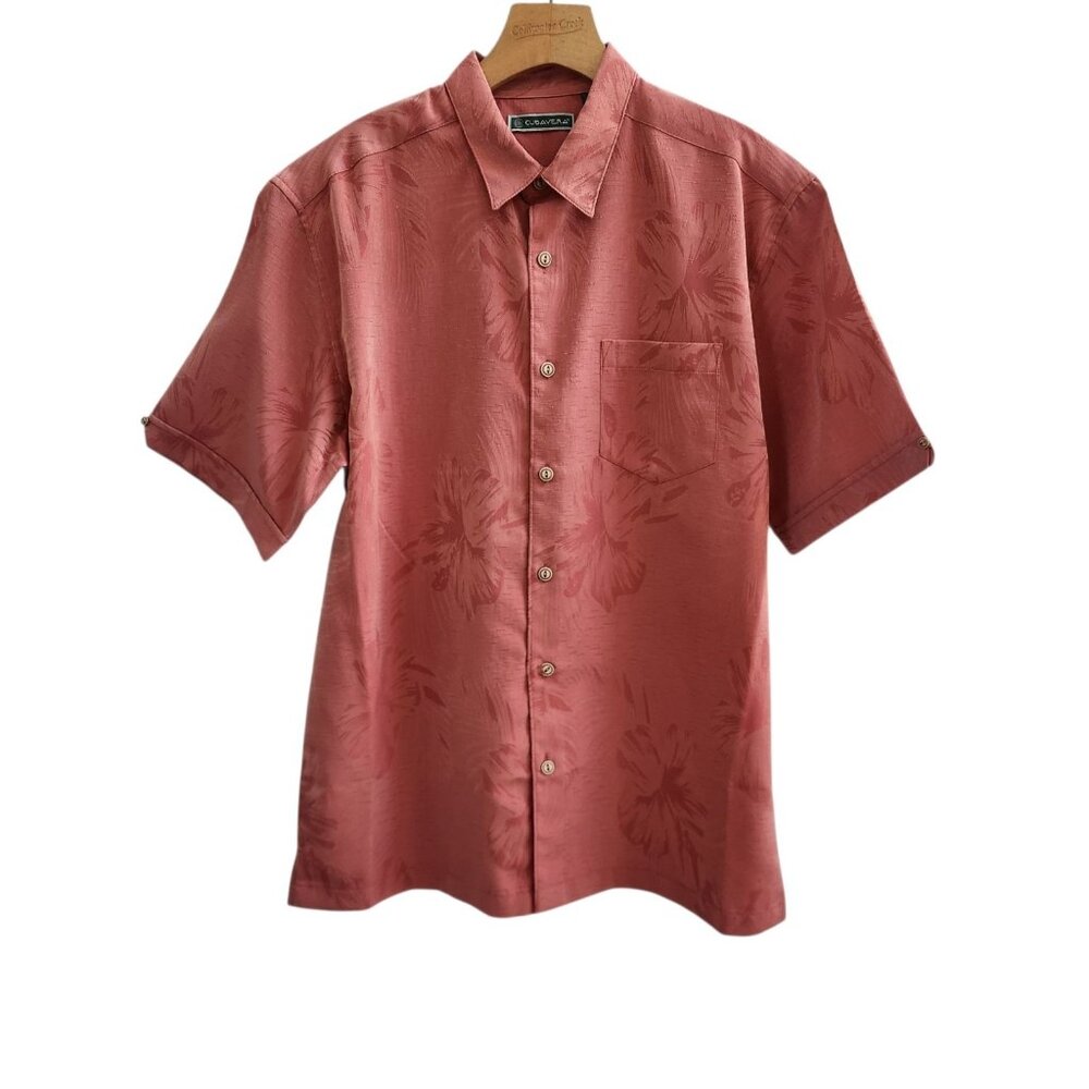 Cubavera‎ Hawaiian Shirt Button Up Floral Embroidered Red Coral Mens Medium